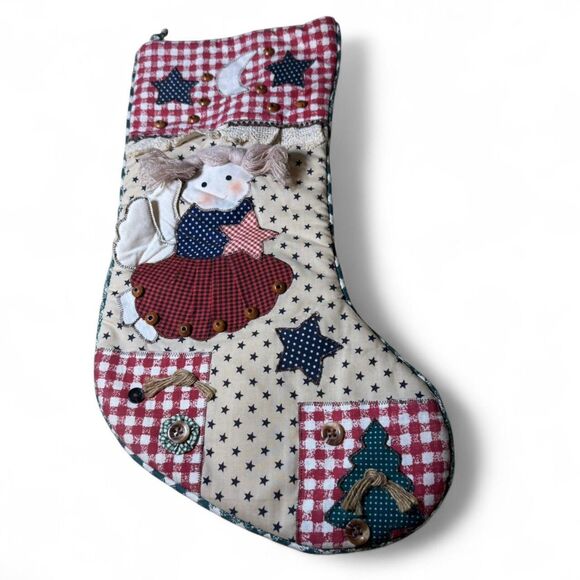 Vtg Primitive Patchwork Christmas Stockings Set of 2 Santa & Angel Cottagecore - Picture 2 of 8